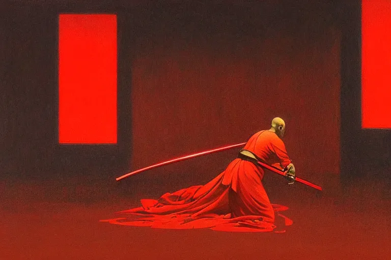 Image similar to only with red, a red samurai harakiri, tokio, a lot of frogs watch, in the style of beksinski, parts by edward hopper, parts by rodcenko, parts by yue minjun, intricate and epic composition, red by caravaggio, insanely quality, highly detailed, masterpiece, red light, artstation, 4 k