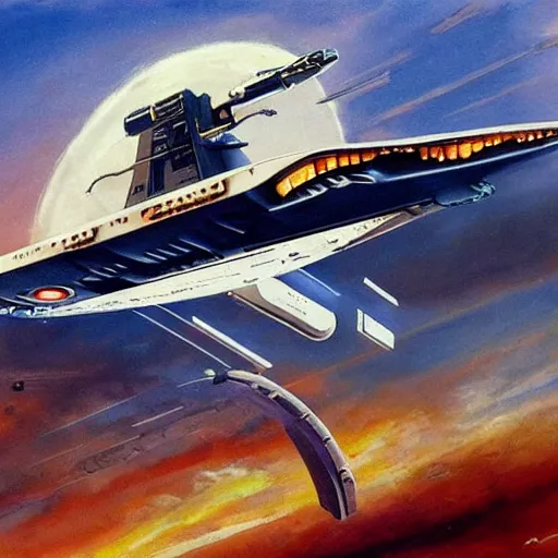 Image similar to U.S.S. Enterprise from Star Trek painted in the style of Robert McCall