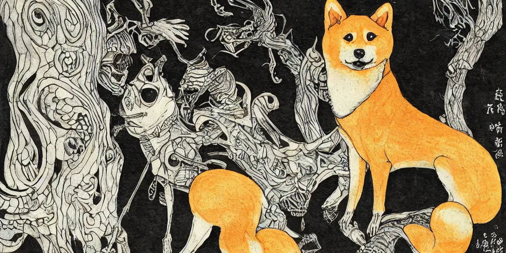 Image similar to a portrait of a shiba inu in the foreground of takiyasha the witch and the skeleton spectre, artistic, highly detailed,