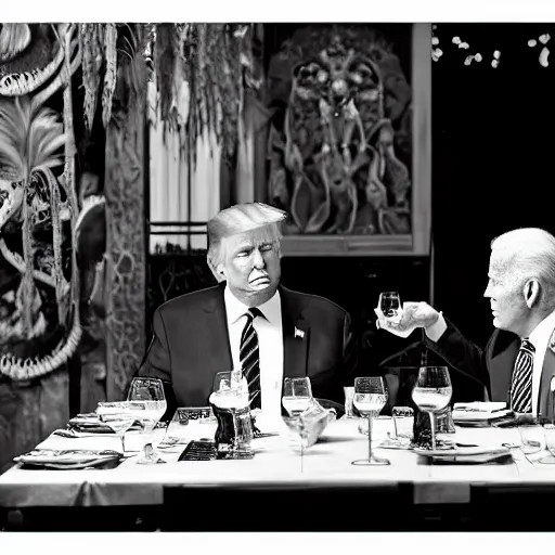 Image similar to Trump and Biden having dinner at a fancy Balinese restaurant, award winning photography, 85mm, perfect faces, zoom