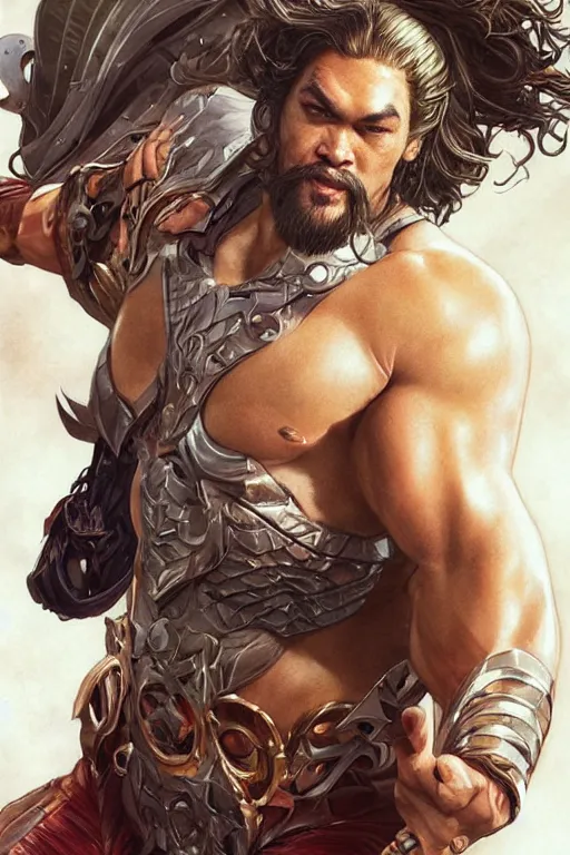 Image similar to Jason Momoa as a hero, digital painting, artstation, concept art, smooth, sharp focus, illustration, art by artgerm and donato giancola and Joseph Christian Leyendecker, Ross Tran, WLOP