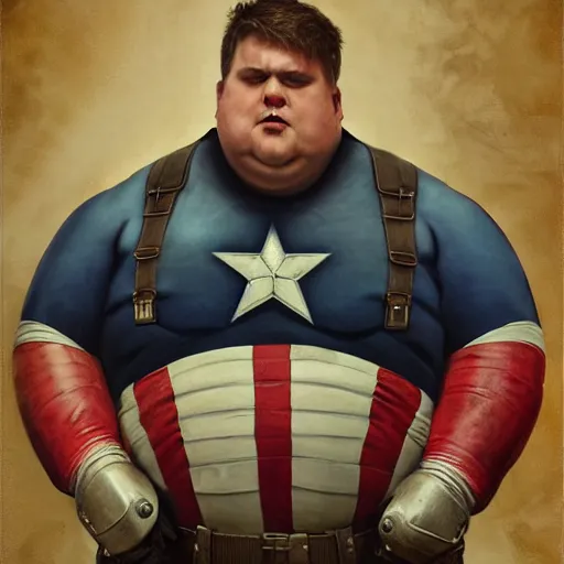 Image similar to hyperrealistic mixed media image of a morbidly obese captain america, stunning 3 d render inspired art by istvan sandorfi and greg rutkowski, perfect facial symmetry, realistic, highly detailed attributes and atmosphere, dim volumetric cinematic lighting, 8 k octane extremely hyper - detailed render, post - processing, masterpiece,