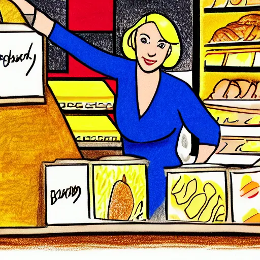 Prompt: drawing of a rich blonde woman buying bread in a supermarket