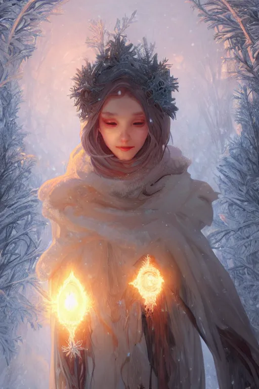 Image similar to beautiful ancient frost witch, eye fire, snow glow, snowfall, highly detailed, digital painting, artstation, sharp focus, illustration, art by tan zi and ayanamikodon and alphonse mucha and wlop