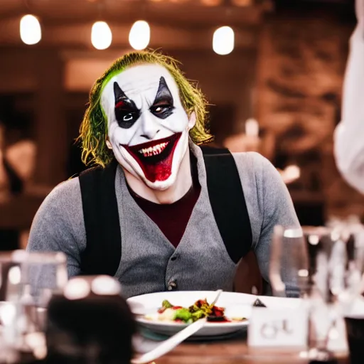 Image similar to heath ledger joker eating at a fancy restaurant with deadpool, 85mm f/1.4