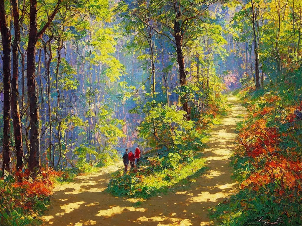 Prompt: majestic nature scenery, forest path, breathtaking oil painting by erin hanson, alexi zaitsev, karl spitzweg, craig mullins, award winning, impressionistic