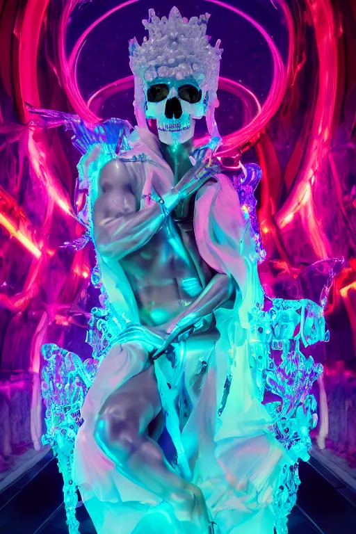 Prompt: photo of fullbody rococo and cyberpunk delicate neon crystalline sculpture of seductive muscular onyx albino marble prince joe jonas teal iridescent humanoid deity wearing hotpink plastic hooded cloak holding an onyx skull in a ruby space dungeon, reclining, glowing orange face, crown of white skulls, cinematic lighting, photorealistic, octane render 8 k depth of field 3 d