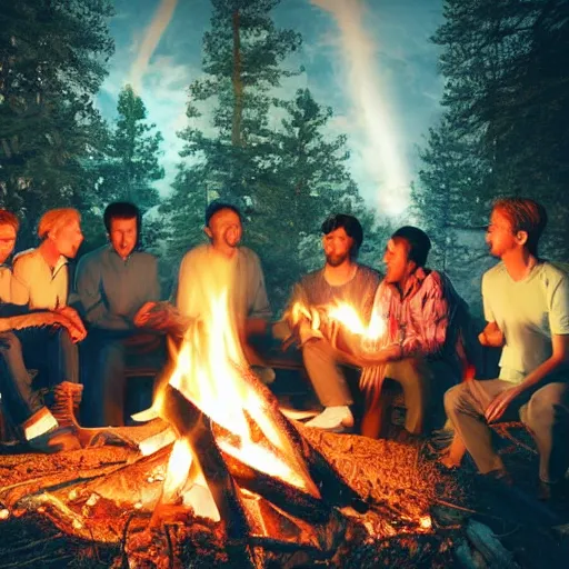 Prompt: angles in heaven looking at 6 people around a campfire, realistic