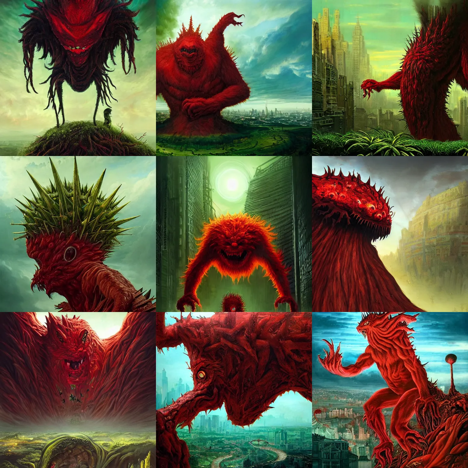 Prompt: A beautiful illustration of a large, red monster looming over a green cityscape. The monster has several eyes and mouths, and its body is covered in spikes. It seems to be coming towards the viewer, who is looking up at it in fear. clockpunk by Anne-Louis Girodet and maciej rebisz colorful