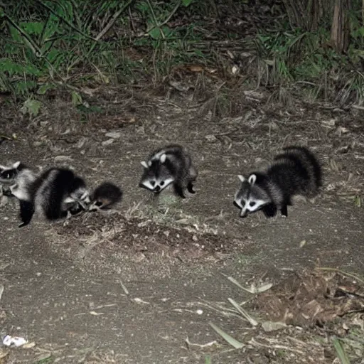 Image similar to night vision picture of raccoons rummaging through a gigantic trash mound