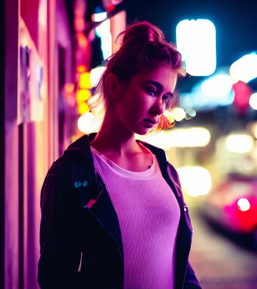 Image similar to portrait of young woman lowlight neon lights, cinematic,4k,35mm,street photo, epic