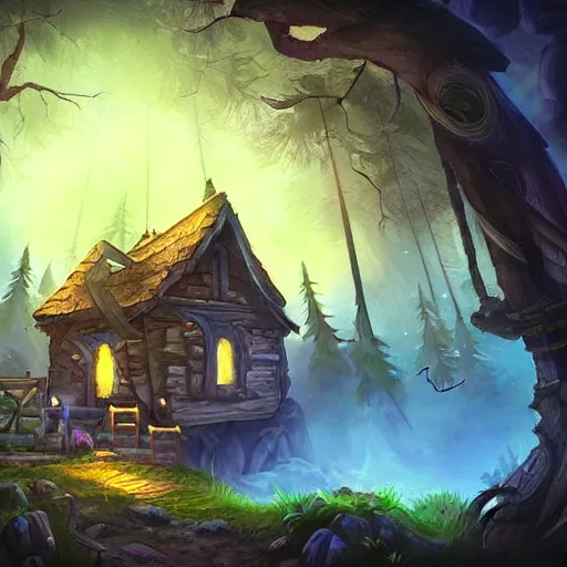 Image similar to a house, a man sitting before the house in the forest, night lighting, in hearthstone art style, epic fantasy style art, fantasy epic digital art, epic fantasy card game art