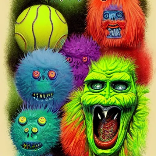 Image similar to a tennis ball monsters, colorful, digital art, fantasy, magic, chalk, trending on artstation, ultra detailed, professional illustration by basil gogos