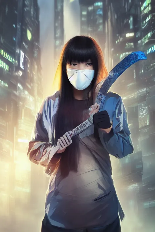 Prompt: Asian cyberpunk young woman wearing a face mask and wielding a sword, photorealistic, hyperdetailed