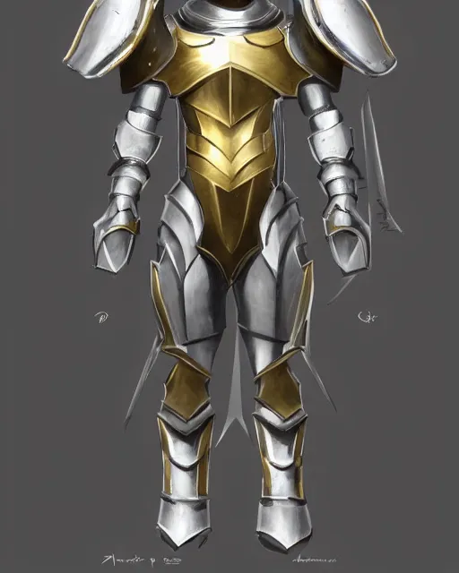 Prompt: medium armor, fantasy concept art, shiny silver with gold trim, flat shading, smooth lines, beveled edges, symmetrical, extremely clean, front view
