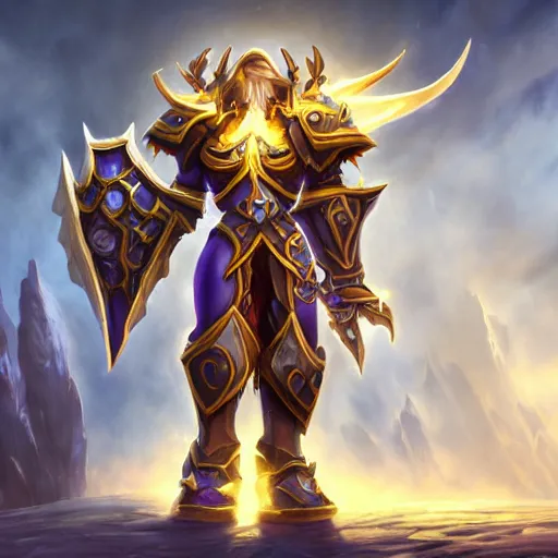 Image similar to world of warcraft lightforged paladin, artstation hall of fame gallery, editors choice, #1 digital painting of all time, most beautiful image ever created, emotionally evocative, greatest art ever made, lifetime achievement magnum opus masterpiece, the most amazing breathtaking image with the deepest message ever painted, a thing of beauty beyond imagination or words