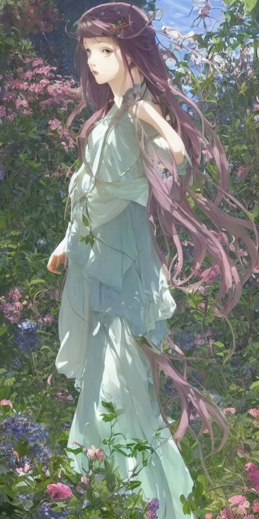 Prompt: a digital art of a loli with long hair in a dress in the privet garden at after noon, green and warm theme, mediumslateblue flowers accents, back lighting, by krenz cushart and mucha and akihito yoshida and greg rutkowski and makoto shinkai, highly detailed, 4 k resolution, trending on art station