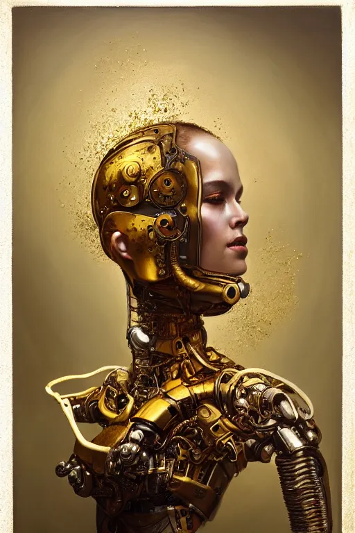 Image similar to a stunning ultra realistic fine art painting of a calm cyborg with gold paint dripping from its face by tom bagshaw, studio portrait, 50mm lens, 4K