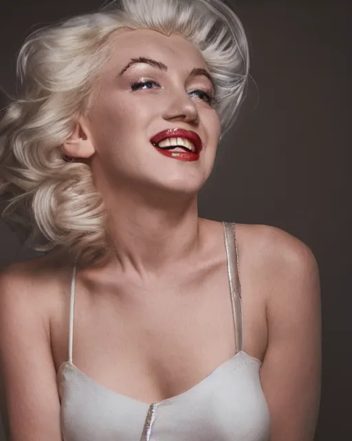 Image similar to Beautiful Head and shoulders portrait of smiling flirty seductive Marilyn monroe with platinum blonde hair, wearing a camisole by arney freytag, artstation, 35mm, fashion photoshoot, laying on a bed in a photo studio, golden hour, bokeh, rim lighting, fashion pose, octane, 4k