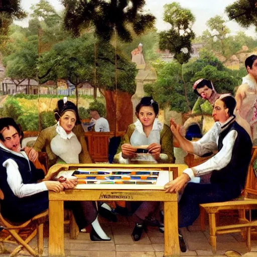 Prompt: A beautiful photograph of a group of monkeys playing backgammon. The monkeys are seated around a table, with some of them appearing to be deep in concentration while others appear to be playing more casually. Pride Prejudice, overhead view by Paul Gustave Fischer graceful