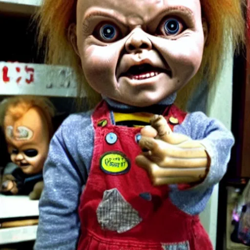 Prompt: Chucky the killer dollfor sake in creepy thrift store