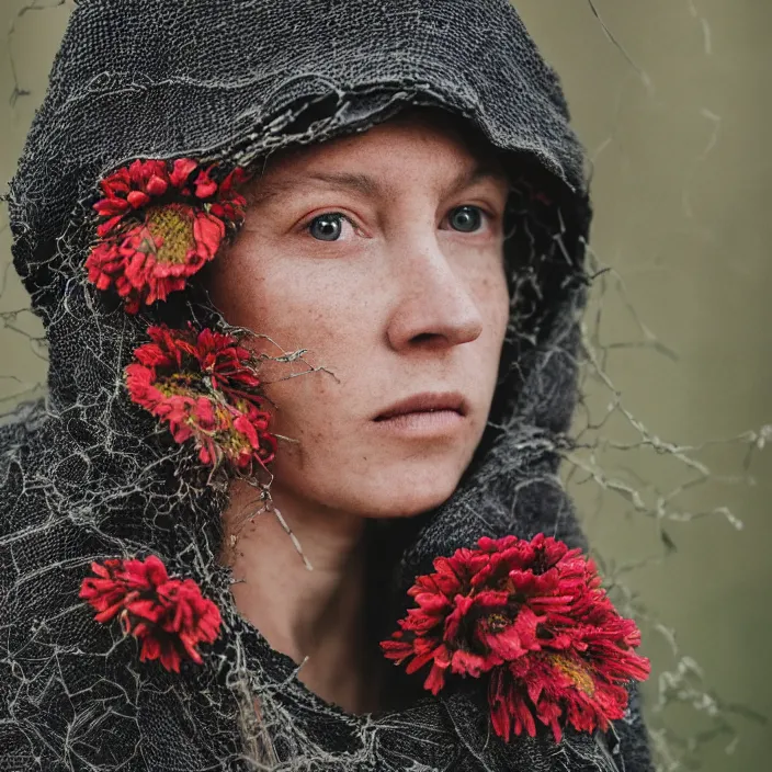 Image similar to a closeup portrait of a woman wearing a hooded cloak made of zinnias and barbed wire, in a derelict house, by Olivia Bee, natural light, detailed face, CANON Eos C300, ƒ1.8, 35mm, 8K, medium-format print