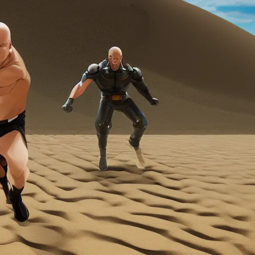 Image similar to onepunchman in sand beach look at me, 8 k, octane render, unreal engine 5, cinematic, full hd, ultra realistic, ultra detailed, 8 k 3 d