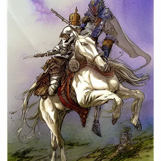 Image similar to a realistic and atmospheric watercolour fantasy concept art of a knight on a white horse, muted colors. by rebecca guay, michael kaluta, charles vess and jean moebius giraud,