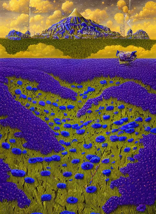 Image similar to detailed, intricate blue black and purple papaverum flower on the field, nebula, galaxy in the sky, winning award masterpiece, fantastically beautiful, illustration, aestheticly inspired, jacek yerka, upscale with anguissola sofonisba work, artstation, 8 k