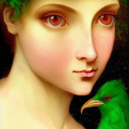 Image similar to a beautiful stunning fantasy whimsical matte digital portrait illustration of a pretty womam with bright green eyes and fiery red hair with a green bird on her shoulder, in the style of William Adolphe-Bouguereau and Marc Simonetti, magic the gathering, trending on artstation, contest winner