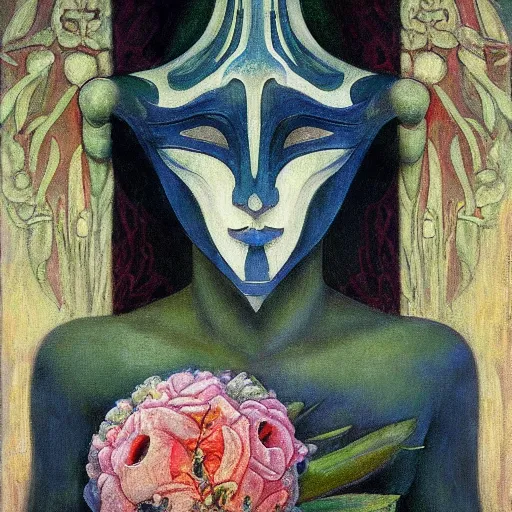 Image similar to masterpiece painting of a facemask made of stylized flowers, by annie swynnerton and jean delville and john watkiss and rufino tamayo and diego rivera, flower mask, art deco shaman, symbolist, dramatic lighting, god rays, elaborate geometric ornament, modern realism, clean crisp graphics, soft cool colors, smooth, sharp focus, extremely detailed