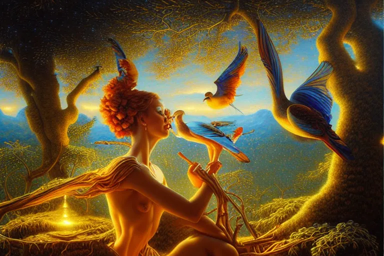 Image similar to oil painting, female playing the harph while birds are listening on the tree surreal, ultra realistic, wide angle, intricate details, artifacts, luminous skies, highly detailed, michael cheval, peter mohrbacher, boris vallejo, jessica rossier, oil painting, highly detailed, cinematic lighting