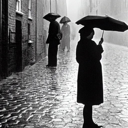 Image similar to fine art photograph of a woman waiting for the rain to stop, rainy flagstone cobblestone street, sharp focus photo by henri cartier - bresson