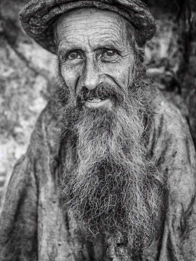 Image similar to High-resolution image. A portrait of an aged mushroom seller with a haunted expression and a wrinked gaunt face and large unkempt beard. Deep shadows and highlights. /2.8 or f/4. ISO 1600. Shutter speed 1/60 sec. Lightroom.