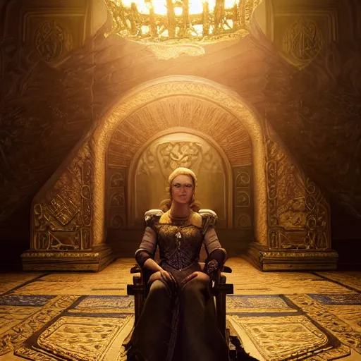 Image similar to the elder scrolls vi, charismatic regal blonde female jarl, portrait, exquisitely designed throne room, atmospheric lighting, painted, intricate, volumetric lighting, beautiful, daytime, slightly sunny weather, sharp focus, deep colours, ultra detailed, by leesha hannigan, ross tran, thierry doizon, kai carpenter, ignacio fernandez rios