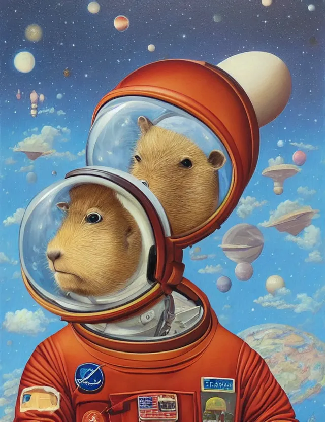 Image similar to beautiful detailed and adorable painting of a capybara astronaut in a spacesuit floating above earth by casey weldon by mark ryden by thomas blackshear, super cute, new contemporary, oil painting