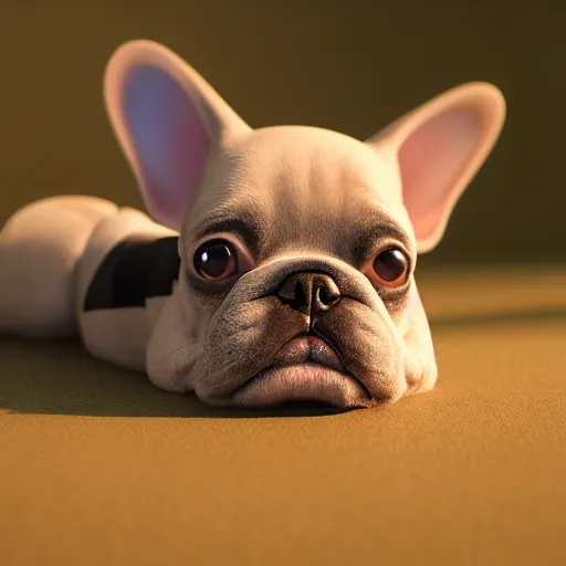 Image similar to french bulldog, anime, disney, pixar, 8 k, hd, dof, kodak film, volumetric lighting, subsurface scattering, photorealistic, octane render, details