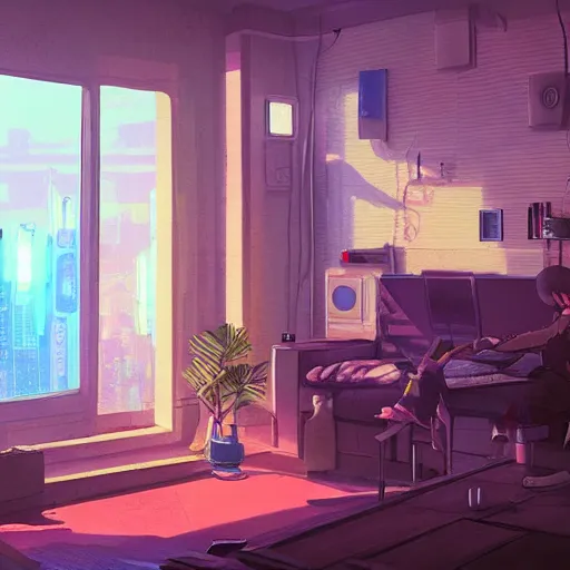 Image similar to the cyberpunk apartment, render, octane, 4k, highly detailed, vivid colors, high definition, by James Gilleard and Makoto Shinkai