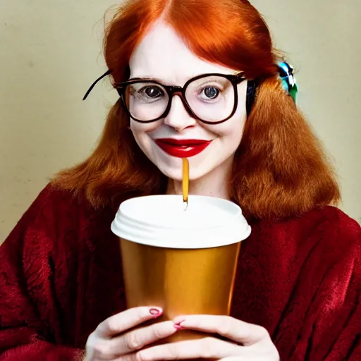 Image similar to a stunning hyper-detailed closeup portrait photo of a beautiful smiling retro-bespectacled woman with long ginger hair and bangs, wearing a luxurious robe, wearing steampunk headphones and posing with her handsome ginger tabby cat and raccoons and parrots in an overstuffed easy chair in her sunlit victorian living room, holding a coffee cup and a donut and smoking an elaborate hookah, perfect eyes, octane render, unreal engine, 85 mm lens,