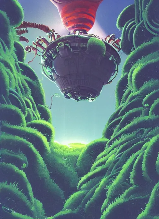 Image similar to alien planet with stange plants and an alien animal looking up to a hovering spaceship, low angle shot, concept art, by chris foss and michael whelan, concept art, digital illustration, trending on artstation, 8 k