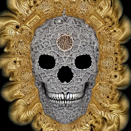 Prompt: diamond demon skull, golden dendritic filigree accents, divine infinite consciousness, sacred trascendence, fractal DMT style, style of Gunther von Hagens