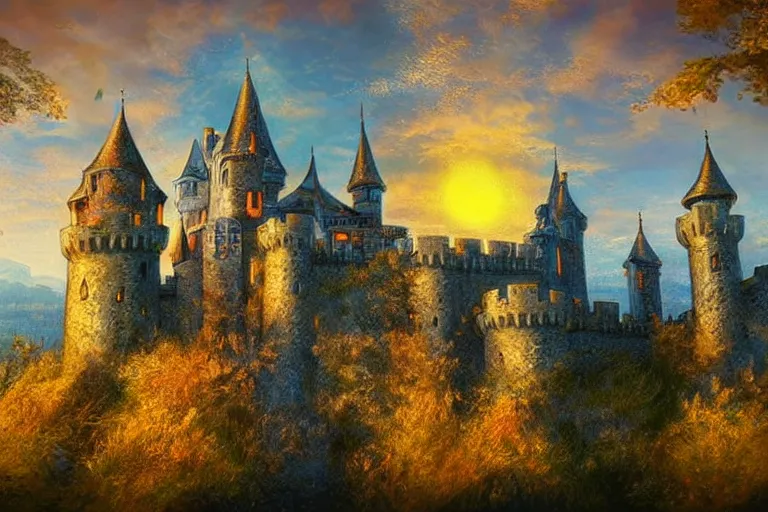 Prompt: castle, fantasy, painting, ultra realistic!!!, clear weather, golden hour, sharp focus