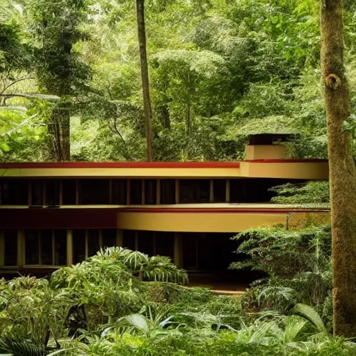 Image similar to a house designed by frank lloyd wright in the middle of the jungle,