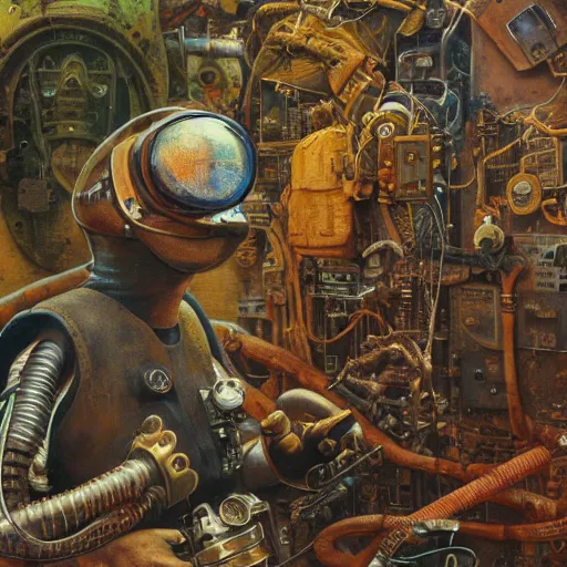 Prompt: junky armadillo, cybertronic gadgets and vr helmet, durty colours, rotten textures, rusty shapes, flesh + technology, biotechnology, norman rockwell, tim hildebrandt, dariusz zawadzki, bruce pennington, larry elmore, intricate details, hyperrealistic oil painting on canvas, deep depth field, cinematic composition, hyper - detailed