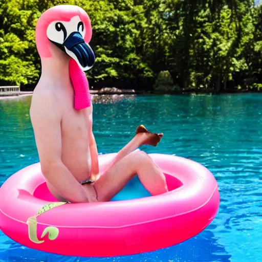 Image similar to Loki sitting on a flamingo pool float in a beautiful lake wearing colorful stockings