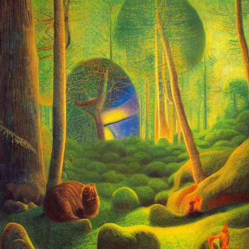 Image similar to psychedelic small cats hidden lush pine forest, outer space, milky way, designed by arnold bocklin, jules bastien - lepage, tarsila do amaral, wayne barlowe and gustave baumann, cheval michael, trending on artstation, star, sharp focus, colorful refracted sparkles and lines, soft light, 8 k 4 k