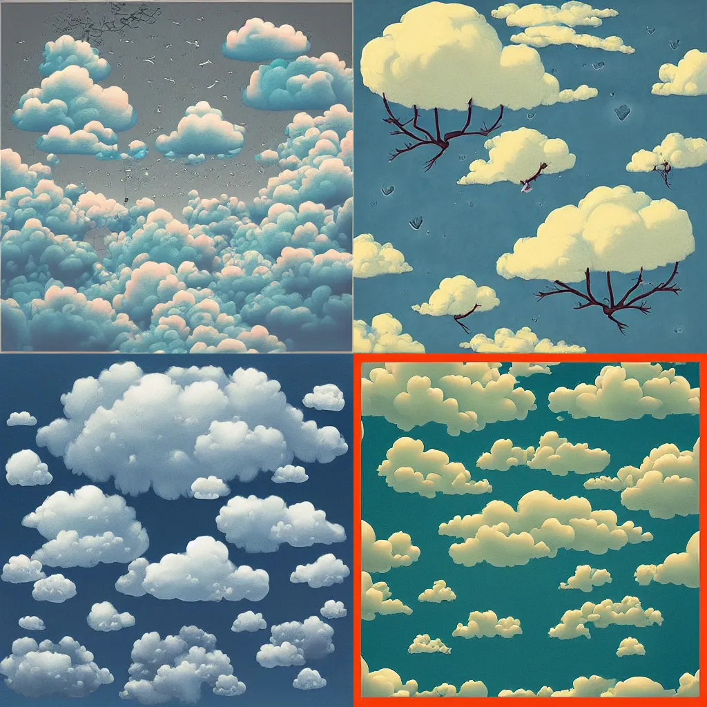 Prompt: “a fluffy cloudscape floating above 3 apple trees, album art in the style of James Jean”