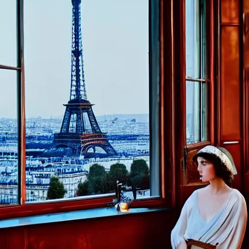 Image similar to a young edwardian woman sits in a window overlooking paris with the eiffel tower visible in the background, the moon is behind the eiffel tower, it's nighttime