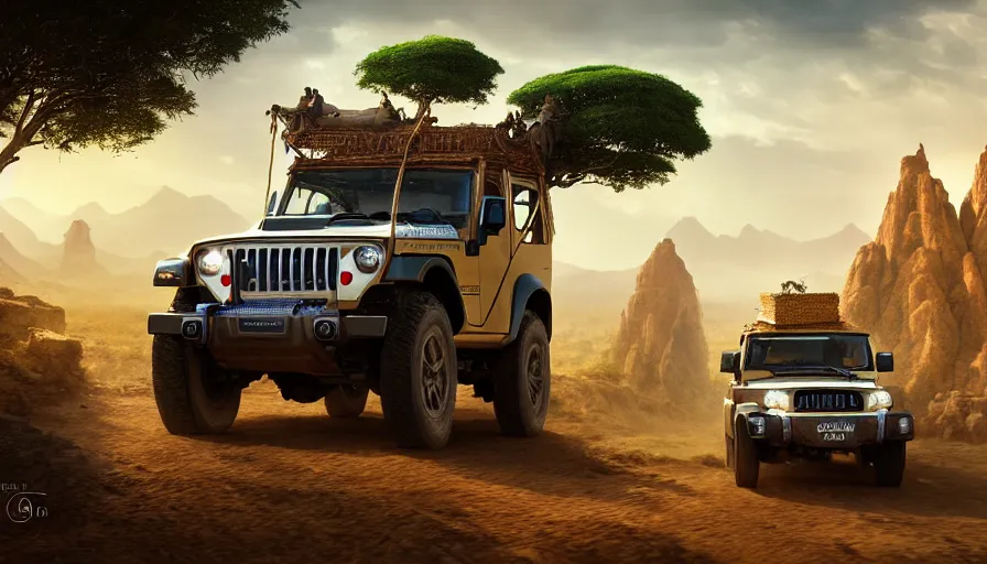 Image similar to mahindra thar driving through madagascar with baobabs trees, animals chasing, action scene, an epic fantasy, artgerm and greg rutkowski and alphonse mucha, an epic fantasy, volumetric light, detailed, establishing shot, an epic fantasy, cinematic, photorealistic, ultrarealistic, trending on art station, octane render, midsommar