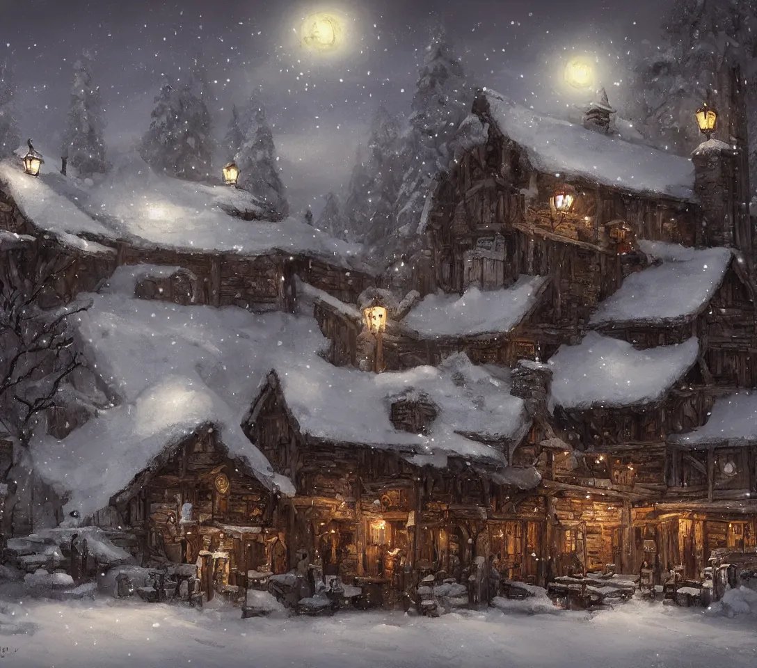 Prompt: The Jarl's tavern, winter night, by Joseph Feely. Epic landscape Environmental concept